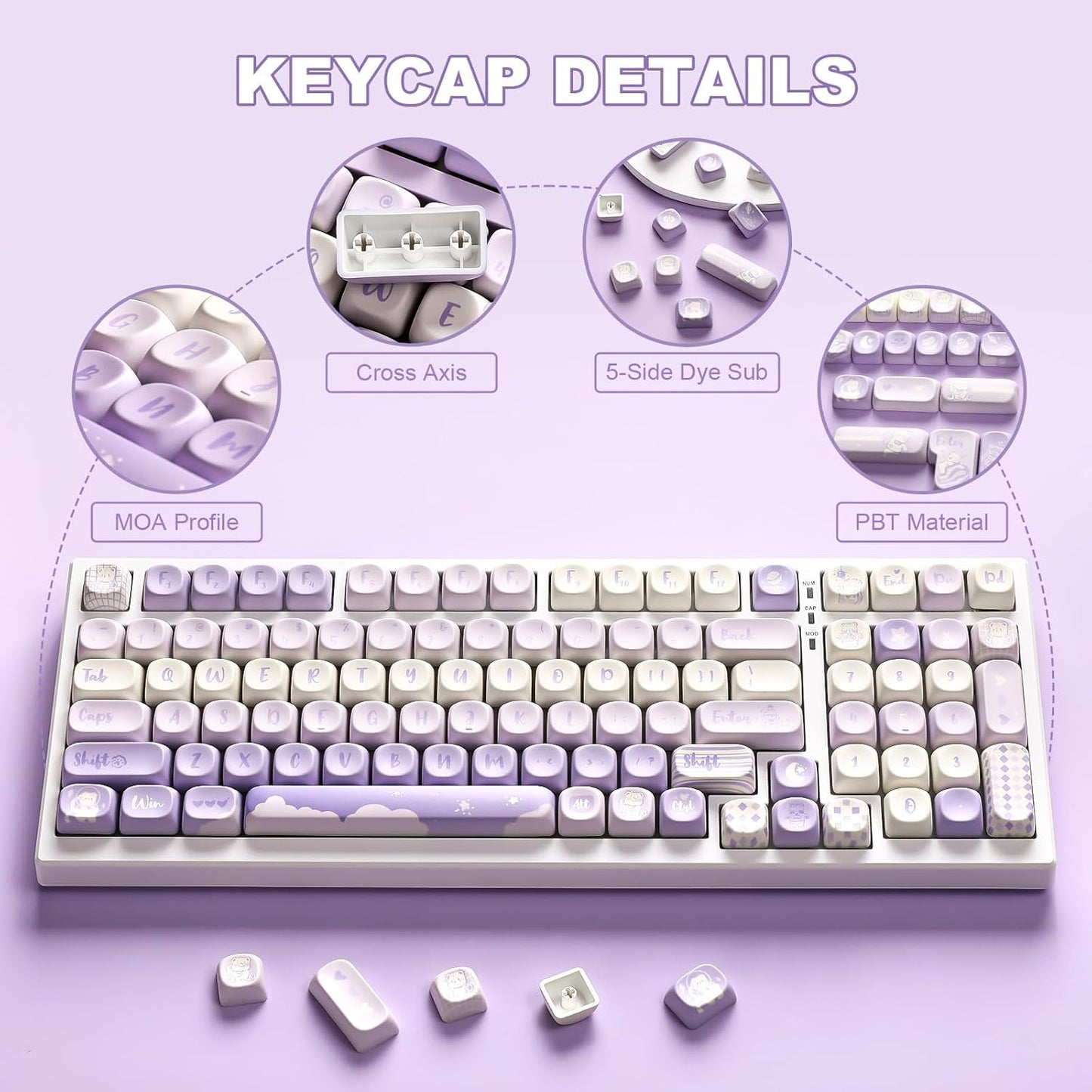 YUNZII 132 Keys MOA Keycaps, Dye-Sublimation PBT Custom Keycap Set for MOA Profile, Cute Bear Customized Pattern Keycaps for MX Switches Mechanical Gaming Keyboard (Purple)