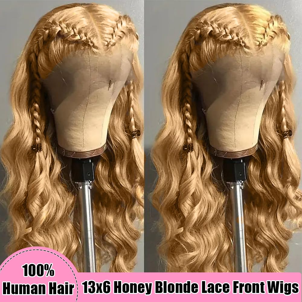 KTOOYKE Honey Blonde Wig Human Hair 22 Inch 13x6 Hd Lace Front Wigs Human Hair Pre Plucked 200% Density 27# Body Wave Lace Frontal Wigs Honey Blonde Wigs For Women
