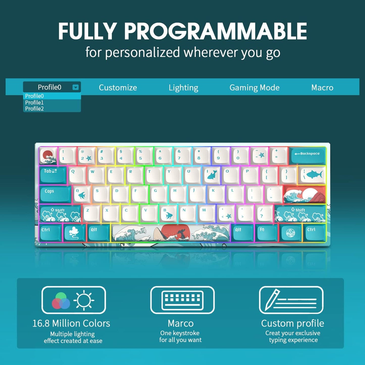 XVX 60% Gaming Keyboard, RGB 3-Modes Wireless Mechanical Keyboard, Mini 60 Percent Gamer Keyboard with Hot-Swappable Pre-lubed Linear Switch for Windows & Mac (Great Wave Off Kanagawa), M61 Pro