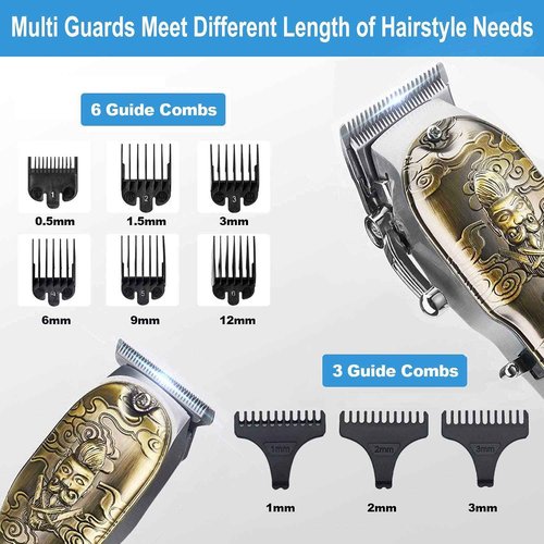 Suttik Haircut Clippers and Trimmers Set of 3, Cordless Ornate Hair Clippers for Men Professional Barber Clippers for Hair Cutting Kit with T-Blade Beard Trimmer Set, Knight, LED Display(Gold)