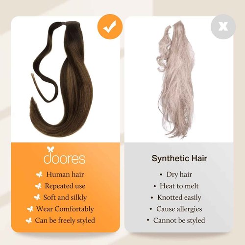 DOORES Hair Extensions Ponytail Extensions Human Hair Balayage Dark Brown to Chestnut Brown 18 Inch 80g Wrap Around Ponytail Remy Hair Extensions Clip in Straight with Magic Paste Heat Resistant