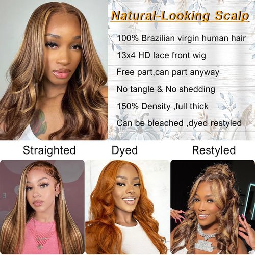 Azkiu Highlight Ombre Lace Front Wig Human Hair 13x4 HD 4/27 Honey Blonde lace frontal Wigs Pre Plucked with Baby Hair 150% Density Colored Body Wave Lace Front wig Human Hair Natural Hairline 14Inch