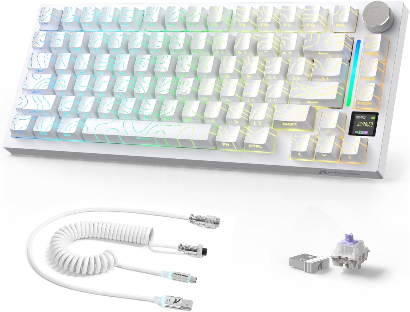Attack Shark ajazz AK820 Pro 75% Mechanical Keyboard and Coiled Cable Hot Swappable Wireless 2.4GHz/Bluetooth/Wired TFT Screen & Knob Flying Fish Switch RGB Gasket Mount Custom Keyboard-Black