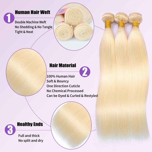 613 Bundles Human Hair 12A Grade Straight Blonde Bundles Human Hair 100% Unprocessed Brazilian Virgin Raw Hair Quick Weave for women 3 Bundle Deals Hair Extensions 14 16 18 Inch