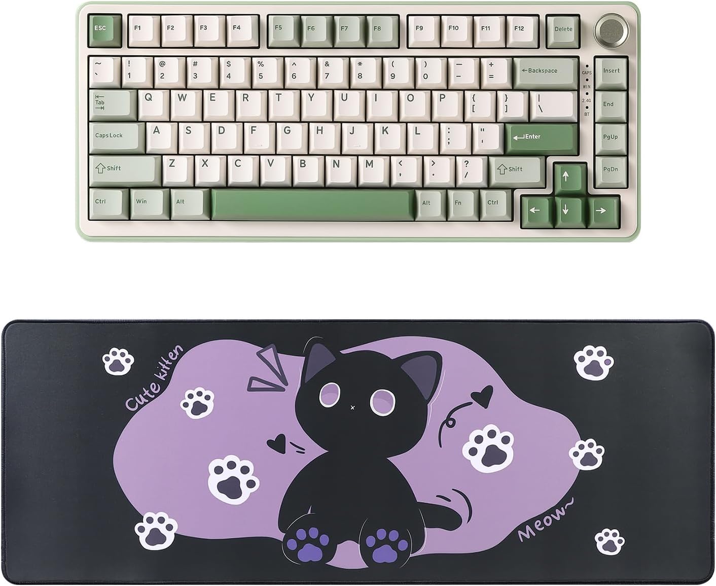 YUNZII B75 PRO Wireless Mechanical Keyboard(Matcha Green, Cocoa Cream V2 Switch), Gaming Mouse Pad(Sweet cat, 31.49'' x 11.8'')