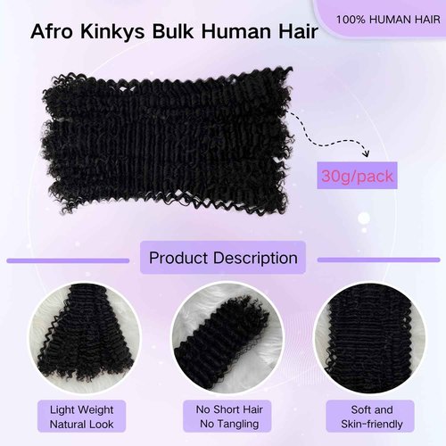 Afro Kinkys Bulk Human Hair 30g/Pack for Mini Twist, Braiding Hair for Dreadlocks, Loc Repair, Dreadlock Extensions Human Afro kinkyhair Bulk for Twists Natural Black 22 Inch