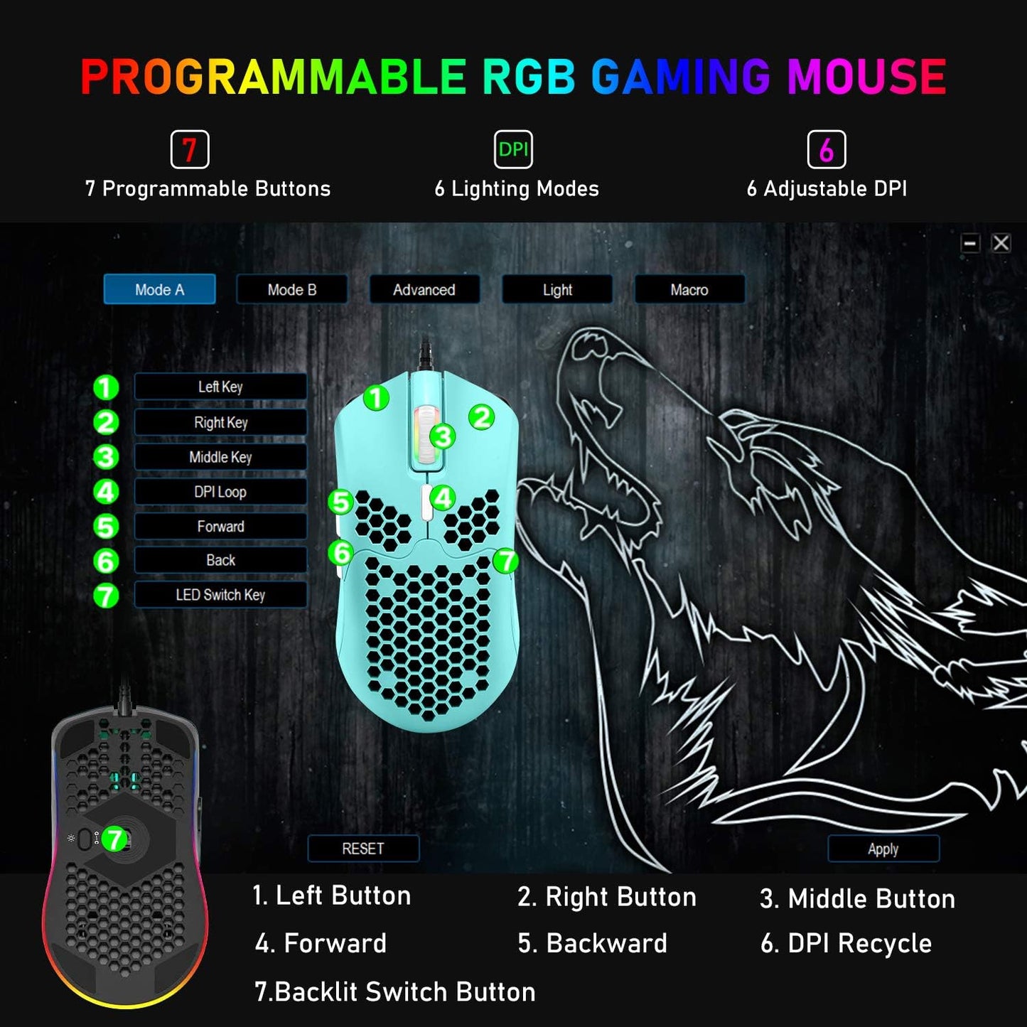 ZIYOU LANG Wired Lightweight Gaming Mouse,6 RGB Backlit Mouse with 7 Buttons Programmable Driver,6400DPI Computer Mouse,Ultralight Honeycomb Shell Ultraweave Cable for PC Gamers,PS4(Green)