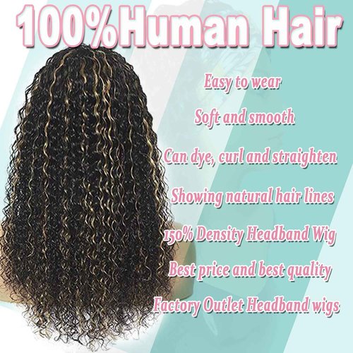 Punmasa Headband Wig Human Hair Deep Wave 20 Inches 1B/27 Headband wigs for women Glueless None Lace Front Wigs Machine Made 150% Density headband wig human hair with Headbands(20 Inches)