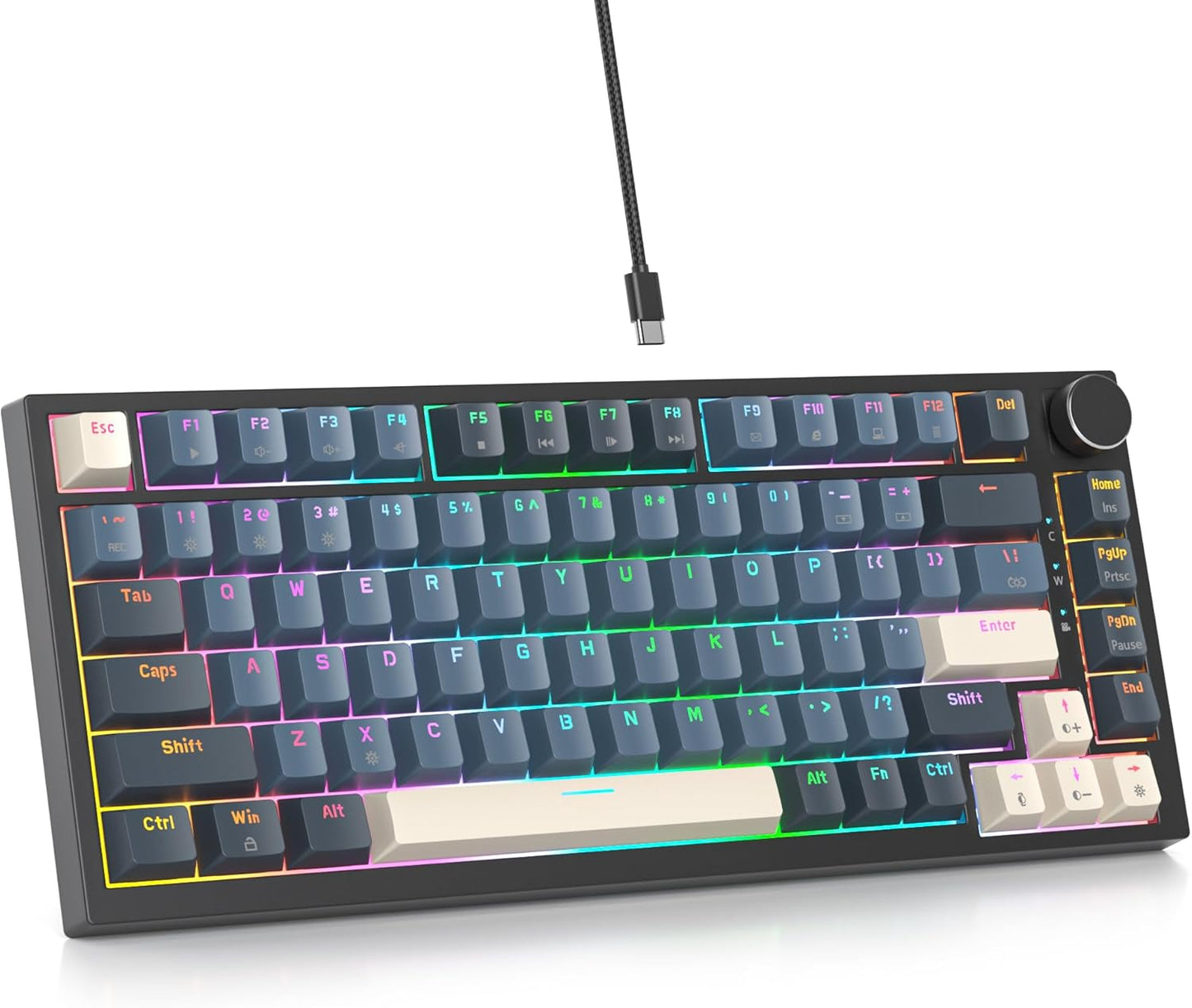 75 Percent Keyboard Gasket-Mounted with Sound Absorbing Pads, 82-Key Compact Wired RGB Mechanical Gaming Keyboard Hot-Swap Socket for Win, Fog Blue