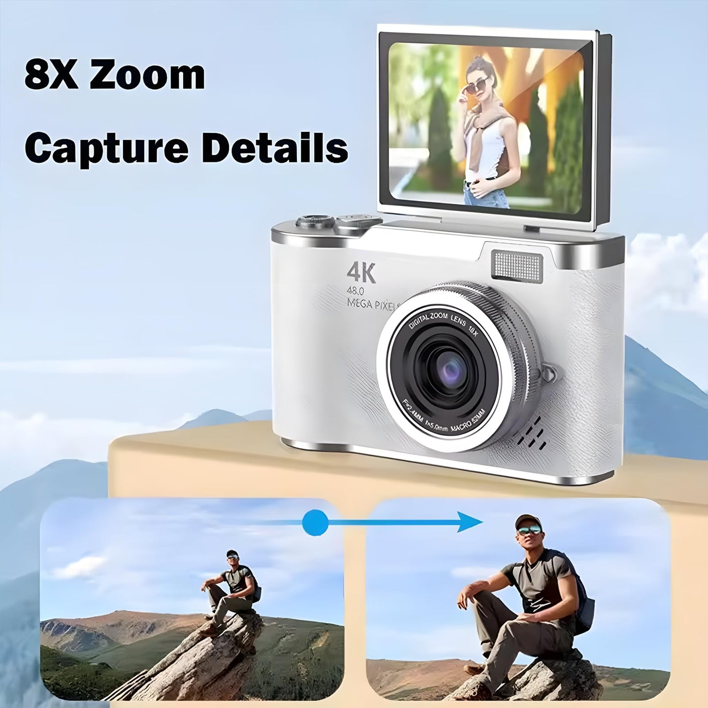 4K Foldable Screen Student Camera, Point and Shoot Digital Cameras with 32GB TF Card, Portable Camera FHD 48MP 4K Digital Camera with 8X Zoom Anti-Shake with Flip Screen (White, Camera Body Only)