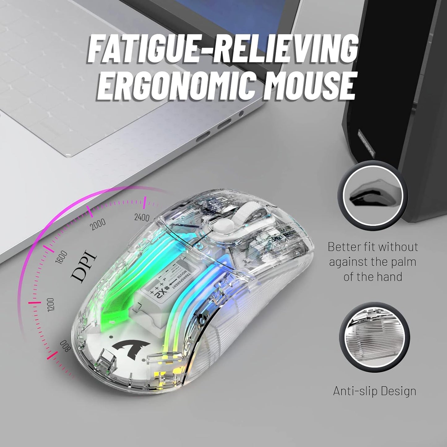 A.JAZZ Wireless Gaming Mouse with Full Transparent,Tri-Mode 2.4GHz/Bluetooth/Wired Mouse,Digital Display,Charging Base,3D RGB Backlit,Silent Mice with 7 Buttons,Wireless Mice for Laptop,PC,Mac(White)