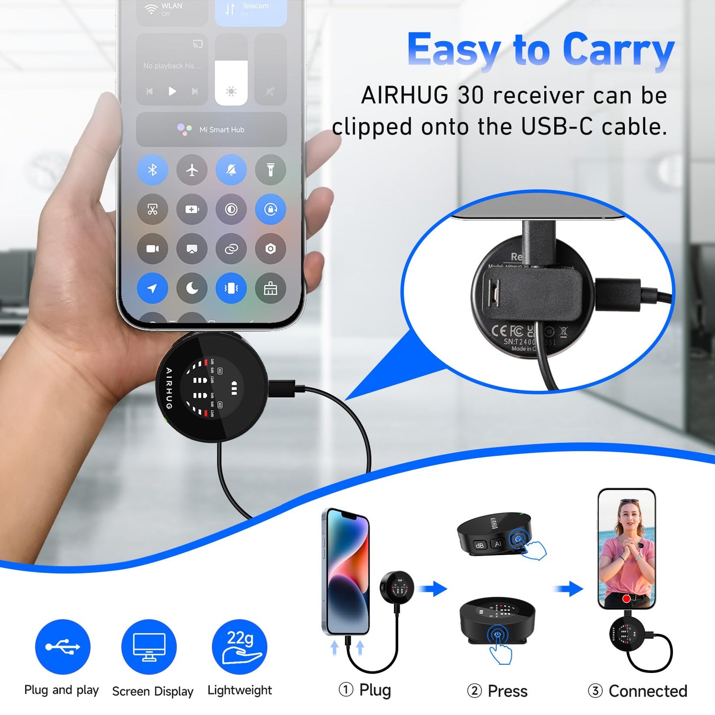 AIRHUG Wireless Lavalier Microphone, AI Noise Cancelling- Cordless Recording Mic with 2 Lavalier Transmitters and 1 Receiver for Camera/iPhone/ipaid, Vlog, Filmmaking, Streaming