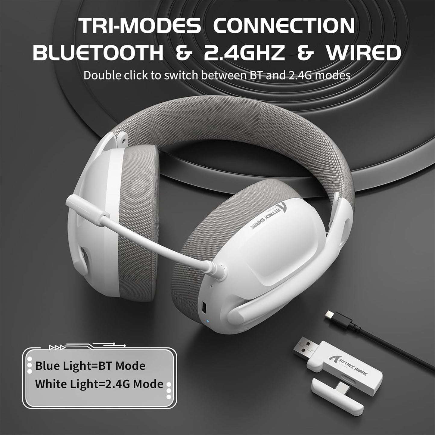 ZIYOU LANG L80 Wireless Gaming Headset Ultralight Over Ear with 2.4Ghz USB C&A Dongle/Bluetooth 5.3/3.5mm Wired Detachable Mic Stereo Sound 600mAh Battery for PC Mac PS4 PS5 Switch Win Gamer(White)