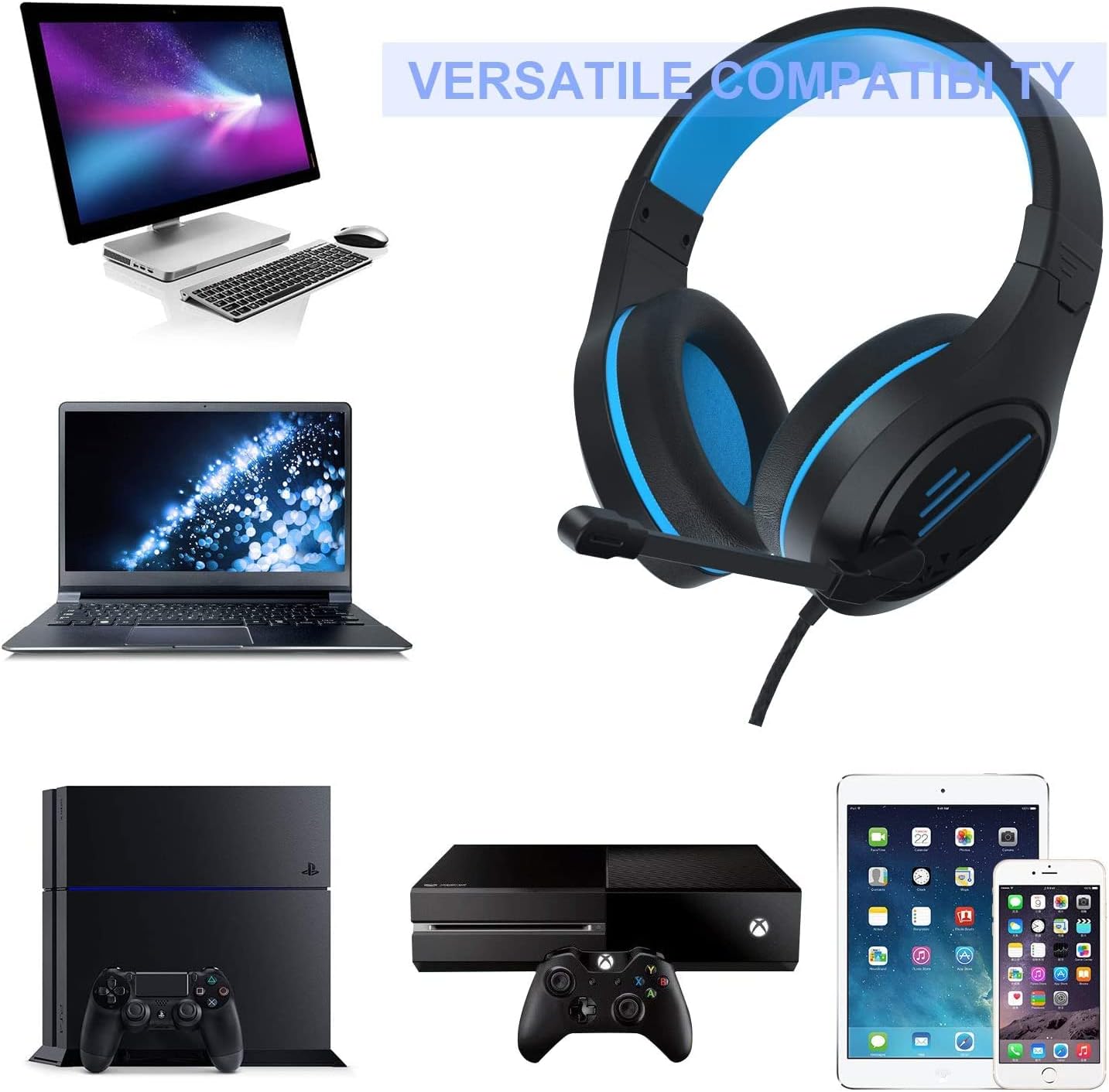 Anivia MH601 Blue Headphones with Microphone Wired Headset with Active Noise Canceling Microphone, 3.5mm Audio Jack Stereo Headphone (Game/Work/School)