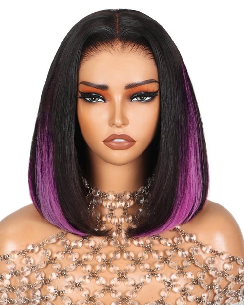 Arabella 12inch 6x6 Bob Wig Human Hair and 4 Pcs 1B/Purple Clip in Hair Extensions Ready to Go Glueless Wig Real 210% Density Straight Glueless Bob Wigs Human Hair Pre Cut Lace Pre Bleached Tiny Knots