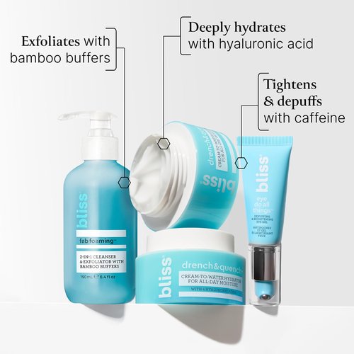 Bliss Skincare Essentials Skincare Kit - Eye Do All Things Hydrating Eye Gel, Drench & Quench Hyaluronic Acid Face Moisturizer & 2-in-1 Foaming Facial Cleanser and Exfoliator
