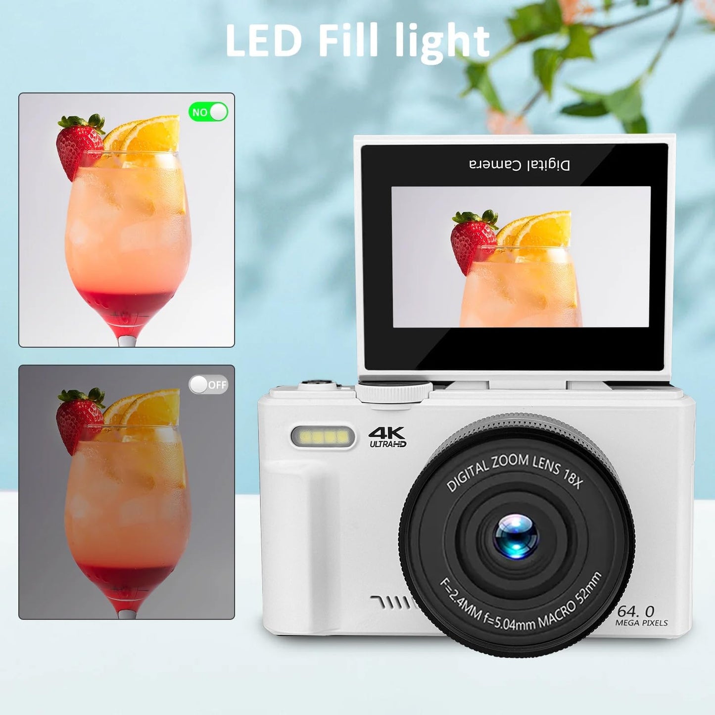 64MP Digital Camera for Photography and Video: 4K Vlogging Camera for YouTube with 3'' Flip Screen and 32GB TF Card, 16X Zoom Digital Camera for Gift (White)