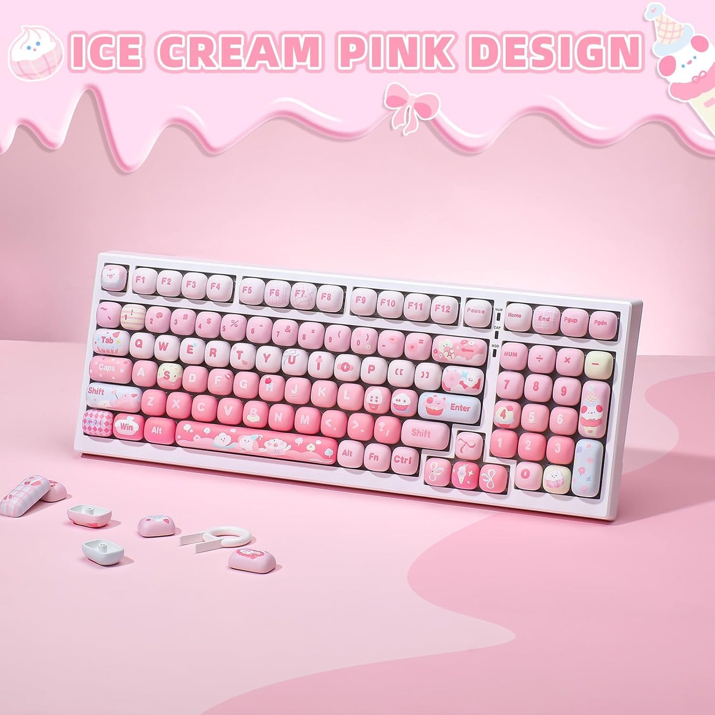 YUNZII IF99 Wireless Mechanical Gaming Keyboard(Black, Cocoa Cream V2 Switch), MOG Dye Sub PBT Keycaps(Pink Ice Cream)