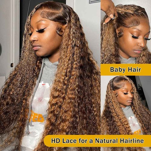 ZAMSTA Honey Blonde Curly Wig Human Hair 13x4 HD Highlight Ombre 4/27 Deep Wave Lace Front Wigs Human Hair Pre Plucked 180% Density Glueless Colored Wigs for Women Wet and Wavy Lace Front Wigs 26 Inch
