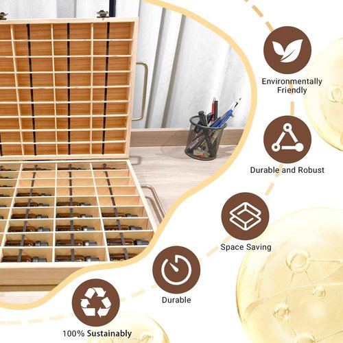 Pure Vie Wooden Essential Oil Storage Box Travel Organizer Case with Bottle Cap Label - Aromatherapy Nail Polish Fragrance Container, Holds 72 Bottle for 5-15ml - Keep Scented Oil Safe & Space Saver