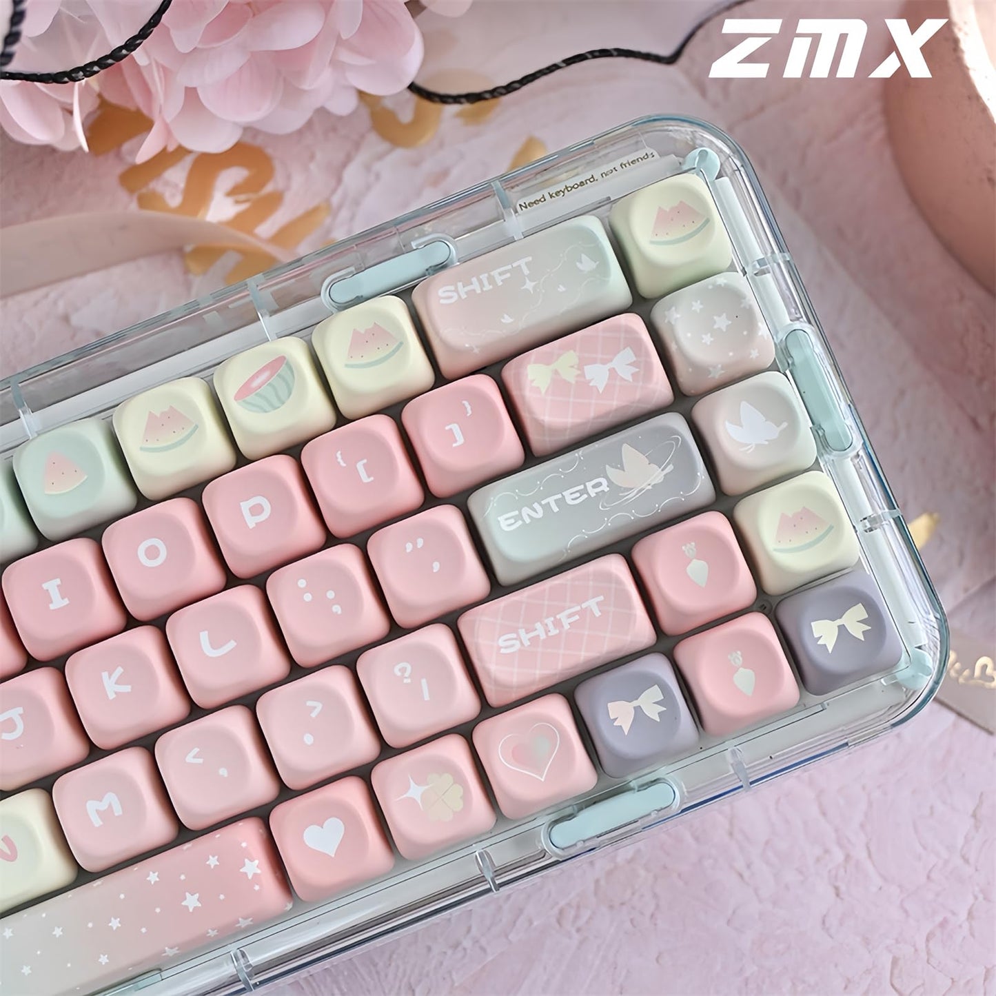 ZMX Cute MOA Keycaps,Gradient Pink Kawaii Round Keycaps Custom 126 Keys Keycap Set Thick PBT Keycap for Cherry MX Switch 75% 60% Mechanical Gaming Keyboard Creamy Watermelon Key Cap
