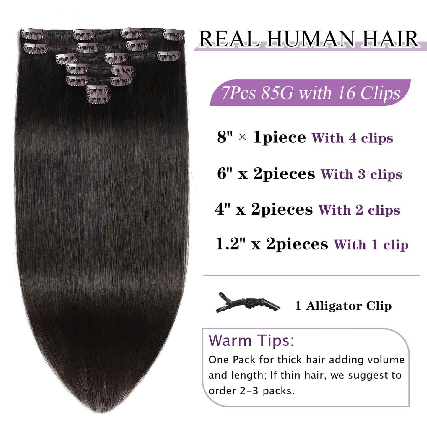Human Hair Clip in Extensions #2 Dark Brown Clip in Hair Extensions Real Human Hair Straight Clip ins Extensions for Women 18 Inch 85g 7Pcs Easy to Styling