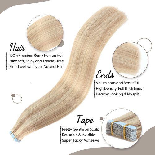 Jerriess Tape in Human Hair Extensions, Remy Seamless, Ash Blonde Highlighted Bleach Blonde(#P18/613) Straight, Silky & Thick, 22 Inch, 20pcs 50g, Easy to Install, Real Human Hair