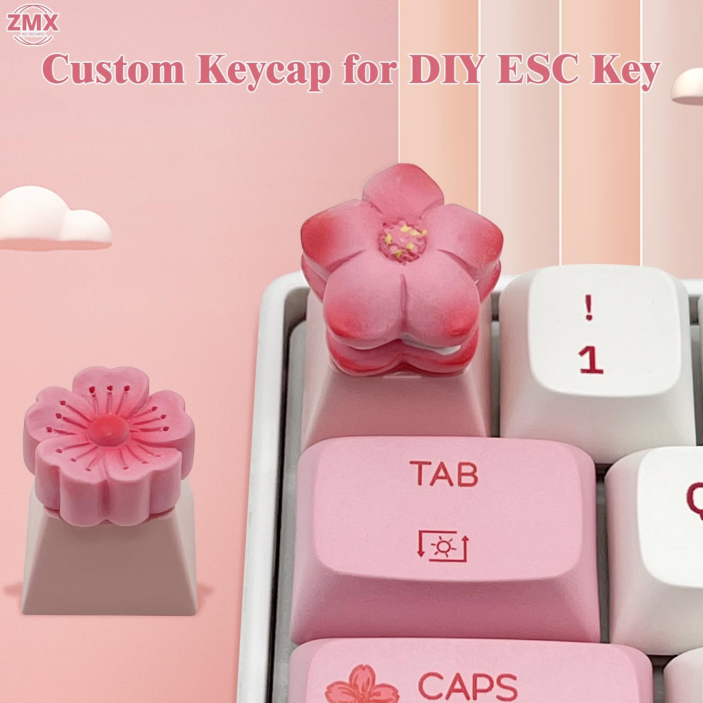 ZMX Cute Flower Keycaps,Pink Cherry Blossom Custom ESC Keycaps Artisan Resin Keycap for MX Switches Mechanical Gaming Keyboard OEM Profile R4 Height Personalized 3D Single Keycap (02)