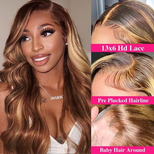 Homgoss P4/27 HD Lace Frontal Wig 13x6 Body Wave Glueless Wigs Human Hair 250% Density Highlight Ombre Full Lace Frontal Wigs Natural Hairline 100% Virgin Human Hair Lace Front Wigs for Women