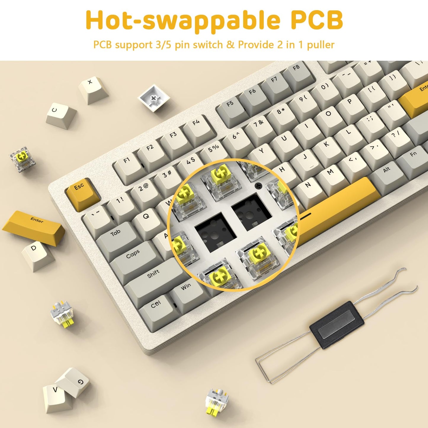 A.JAZZ AKC087 Mechanical Keyboard, Tri-Mode Wireless, Multi-Layer Metal Base, Compact 87 Keys TKL Layout, Retro Tricolor, Hotswappable RGB, for Win/Mac