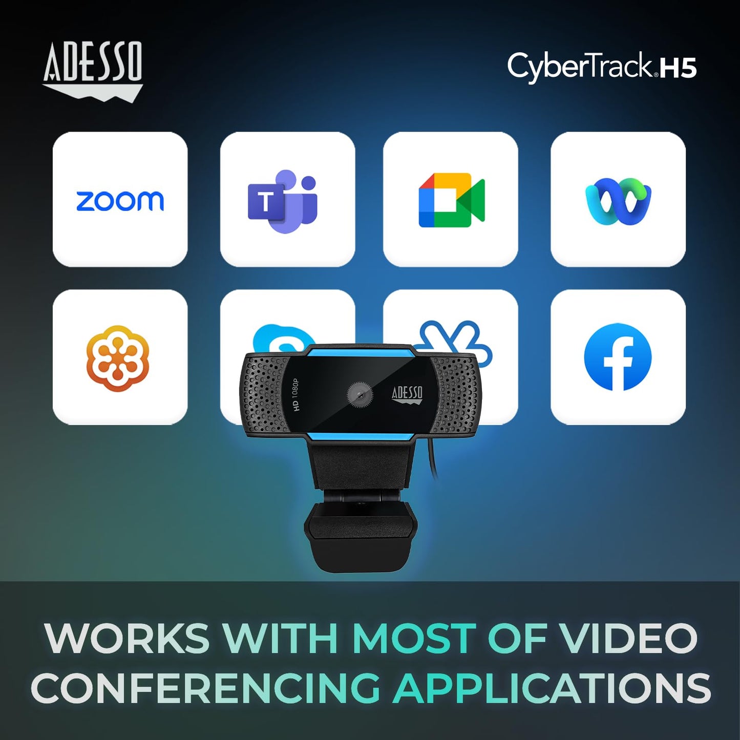 Adesso Cybertrack H5 1080p Hd USB Autofocus Webcam with Microphone, 1920 Pixels X 1080 Pixels, 2.1 Mpixels, Black
