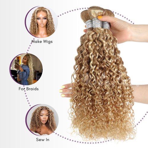 AUROO 27/613 Ombre Blonde Single Bundle Human Hair Water Wave 22 Inch, 13A Grade Highlighted Multi-Blonde Human Hair Wet n Wavy Curly Bundle 100% Raw Brazilian Silky Colored Hair Weaves Extension