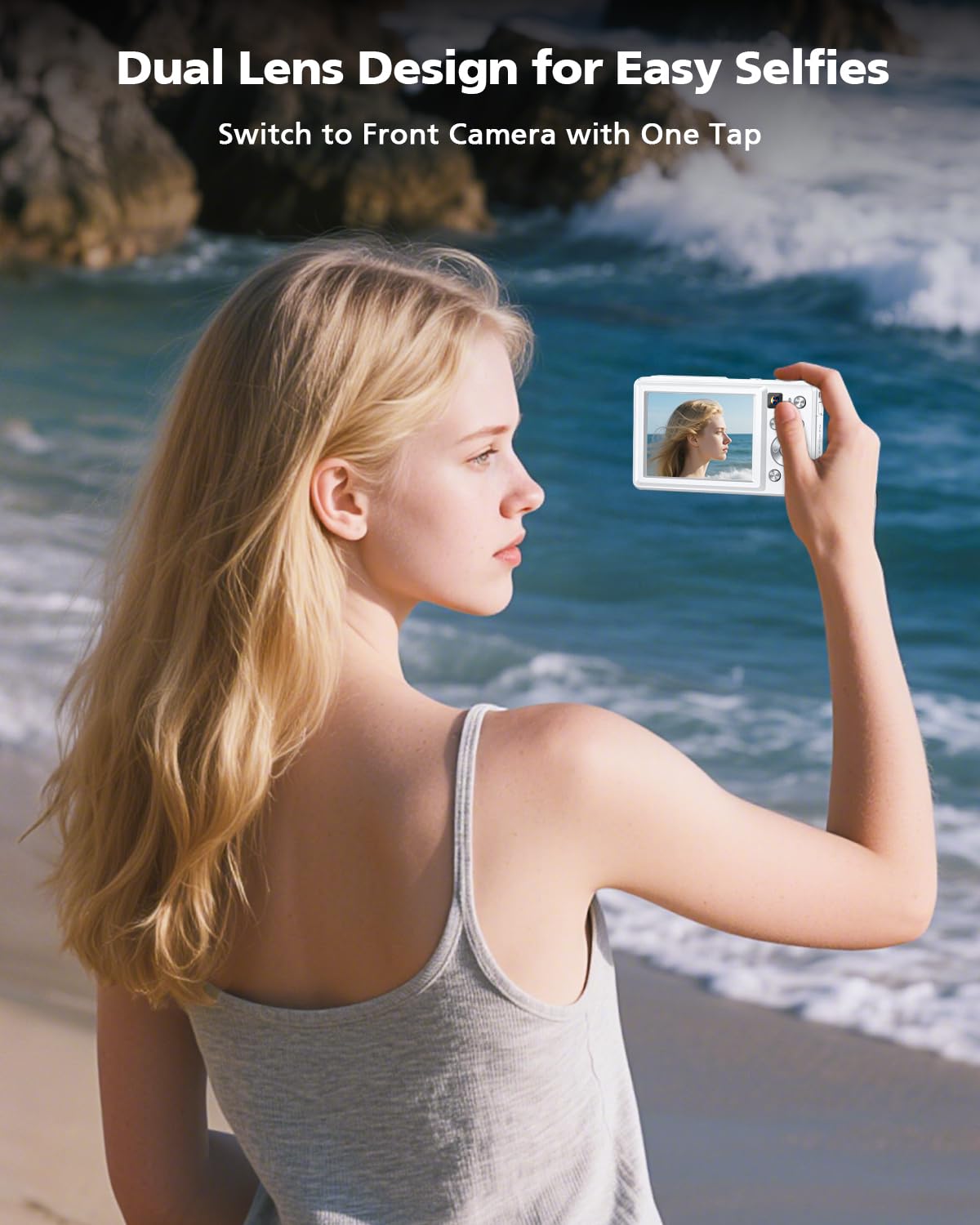YAXTIFIU 4K Digital Camera, 64MP Autofocus Vlogging Camera with Front Rear Lens, Flash, 16X Zoom, Anti-Shake, 32GB Card, Compact Point Shoot Camera for Teens Adult Beginner Travel Photography(White)