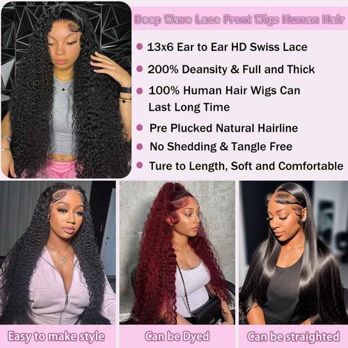 BWDWST Deep Wave Lace Front Wig Human Hair 13x6 HD Lace Front Wigs Human Hair Pre Plucked 200 Density Deep Curly Human Hair Wigs with Baby Hair 20 Inch