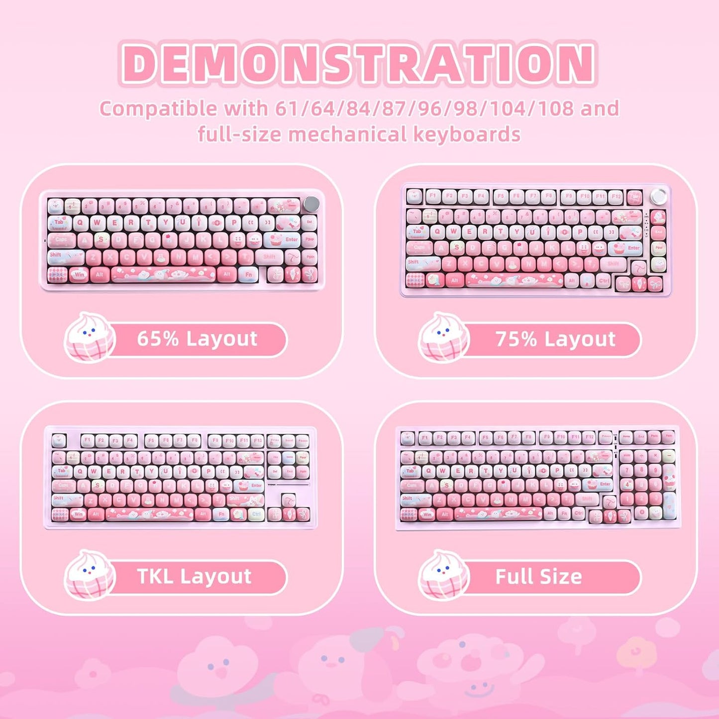YUNZII Cute Pink Ice Cream Custom Keycaps, 138 Keys Dye Sub PBT MOG Profile Keycap Set for Mechanical Gaming Keyboards (Pink Ice Cream)
