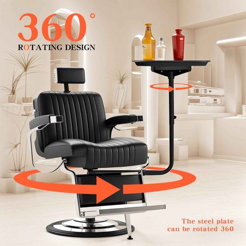ZEYUEHUI Modern Salon Chair Tray, 360 Rotatable Metal, Black, Depth: 17.7 inches, Width: 28.3 inches, Height: 23.6 inches, Adjustable Height, Foldable Arm Rest, Hair Styling, Beauty Services