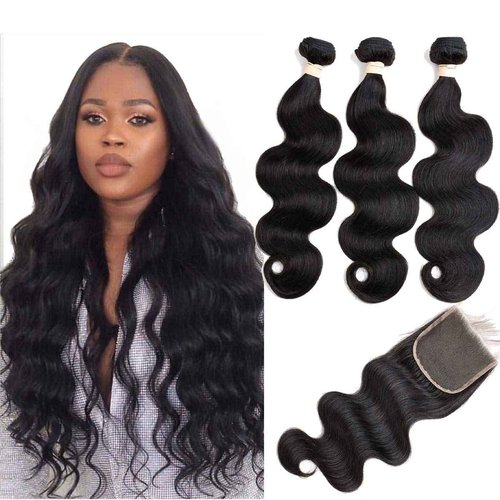 Beauhair Brazilian Virgin Hair Body Wave 3 Bundles with Closure Free Part 12A Unprocessed Brazilian Body Wave Human Hair Weft Extensions with 4x4 Lace Closure Natural Color(16 18 20 with 16 Free Part)
