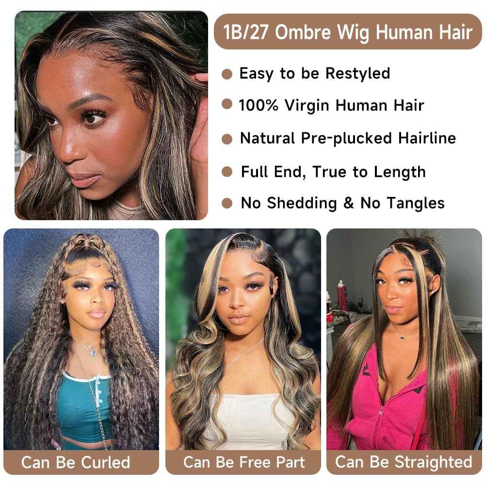 22Inch 1b/27 lace front wig human hair 13x4 200% Density Body Wave Balayage Wig Human Hair HD Transparent Lace Glueless Wig Highlight Colored Wig Pre Plucked HD Lace Frontal Wigs