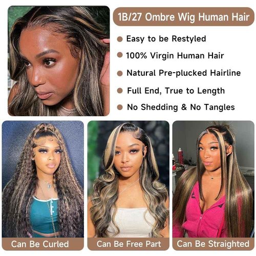22Inch 1b/27 lace front wig human hair 13x4 200% Density Body Wave Balayage Wig Human Hair HD Transparent Lace Glueless Wig Highlight Colored Wig Pre Plucked HD Lace Frontal Wigs