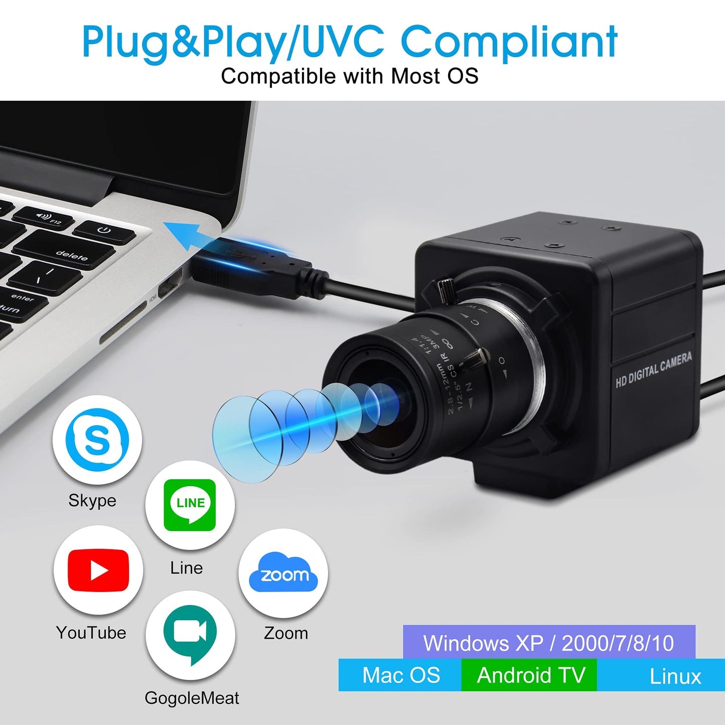 4K USB Camera Manual Zoom Webcam 2.8-12mm Variable Focus PC Camera for Computer Mini UVC USB2.0 Web Camera IMX317 Varifocal USB with Camera Industrial Video Close-up Camera for Laptop Android Mac