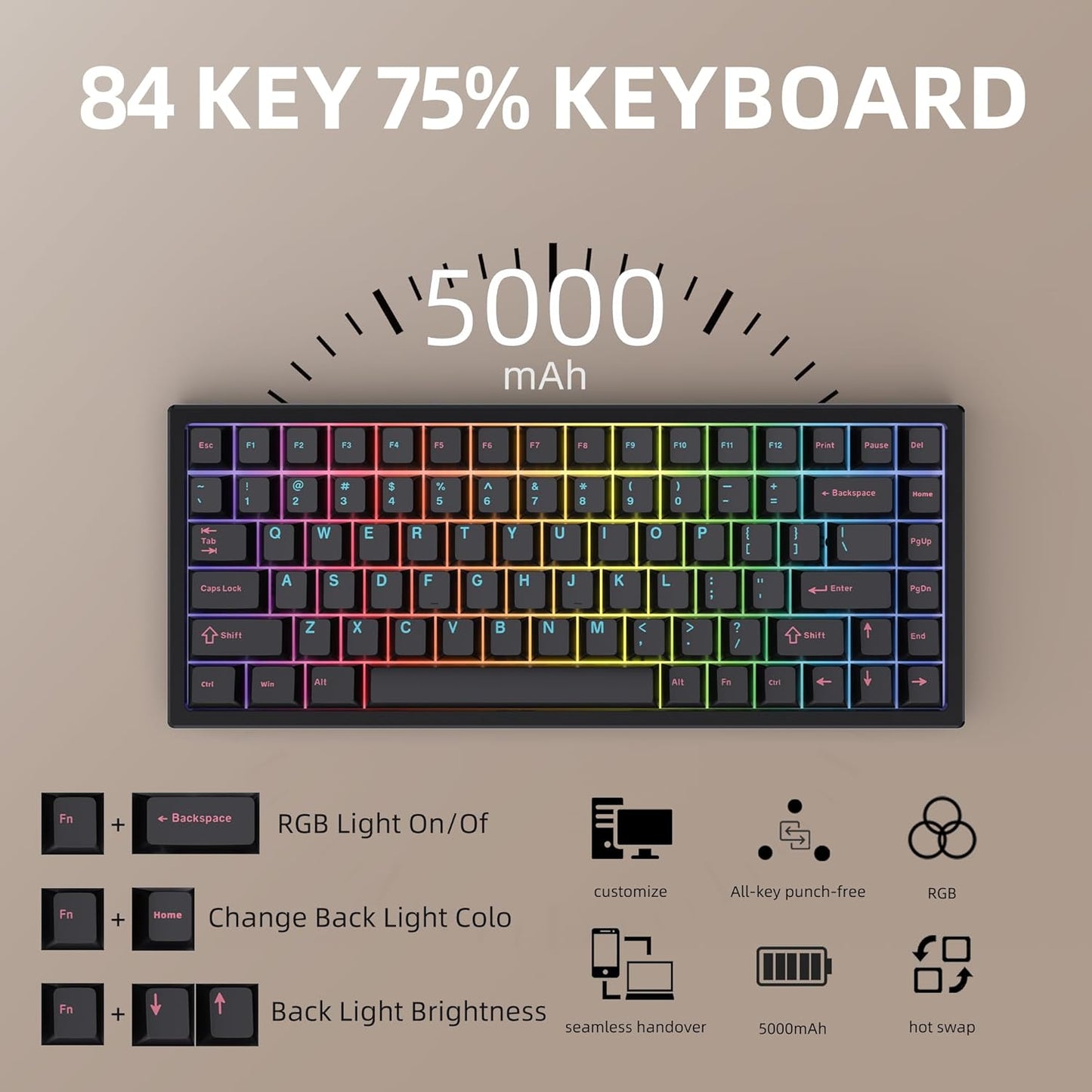 75% Wireless Gaming Keyboard RGB Triple Mode Hot Swappable Mechanical Keyboards PBT Keys Gasket Creamy Custom Keybad Quiet White Switch for Win/MAC