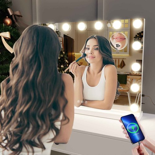 Gvnkvn 22.8 x 18.2 Vanity Makeup Mirror with Lights, 10X Magnification,Large Hollywood Lighted Vanity Mirror with 15 Dimmable LED Bulbs, USB Charger Port, Tabletop or Wall-Mounted Gold