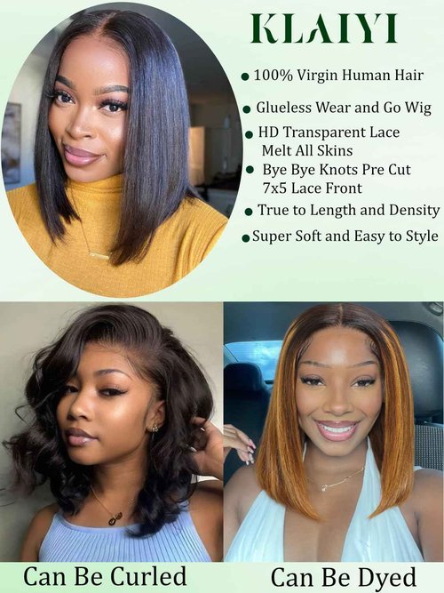 KLAIYI Bob Wig Human Hair Bye Bye Knots Glueless Wear and Go Wig with Drawstring Pre Cut 7x5 Lace Front Pre Plucked Bleached Short Straight Put on Go Beginner Wigs 3S Ready to Go Pre Everything 10Inch