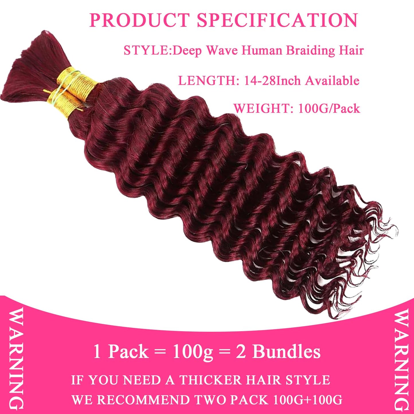 Human Braiding Hair 2 Bundles 100g 28Inch Deep Wave Bulk Human Hair for Braiding No Weft Curly Braiding Hair Bulk Curly Human Hair for Boho Braids 12A Brazilian Virgin Hair Extensions 99J