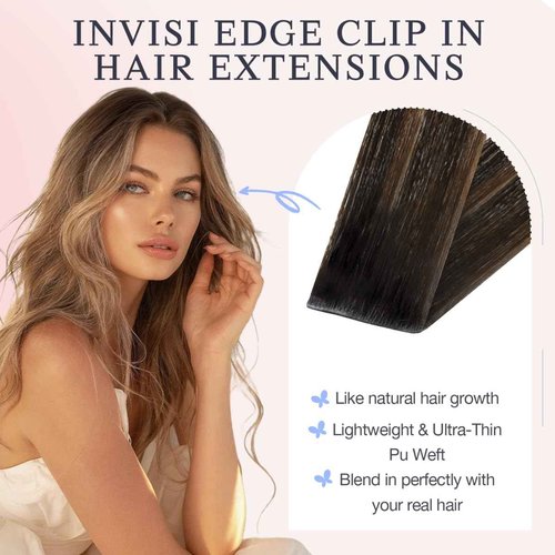 DOORES Hair Extensions Real Human Clip in 20 inch 150g 7pcs Invisi Edge, Seamless Clip in Hair Extensions Invisible Clipins Virgin Injected Skin Weft, 2/6/2 Dark Brown to Chestnut Brown