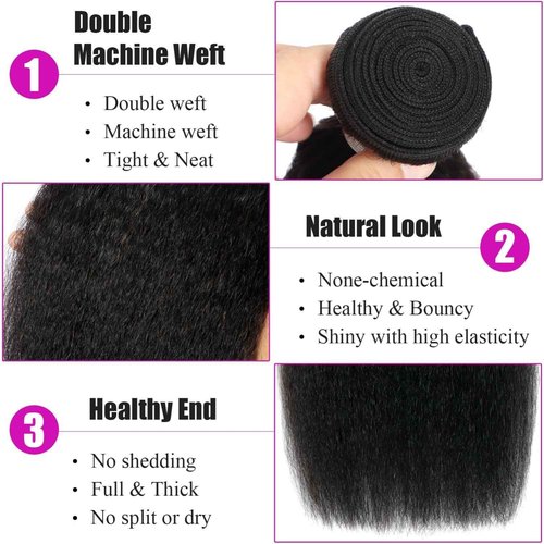 Kinky Straight Bundles Human Hair 18 20 22 Inch Yaki Straight 3 Bundles Human Hair Sew in Kinkystraight Remy Hairs Extension 12A 100% Unprocessed Brazilian Virgin Hair Weave Natural Color