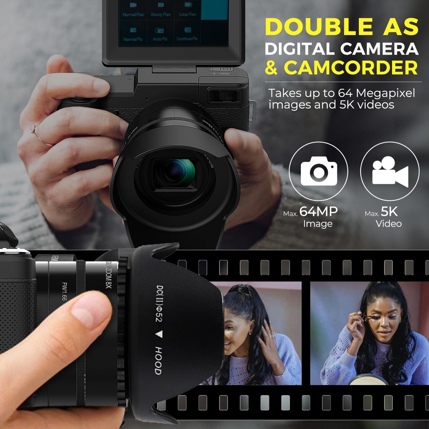5K Digital Camera, 5X Optical Zoom Cameras for Photography & Video, 64MP Autofocus Vlogging Cameras for YouTube, Flip Screen Camera for Beginners with Carring Bag Case, Lens Hood, Two Batteries