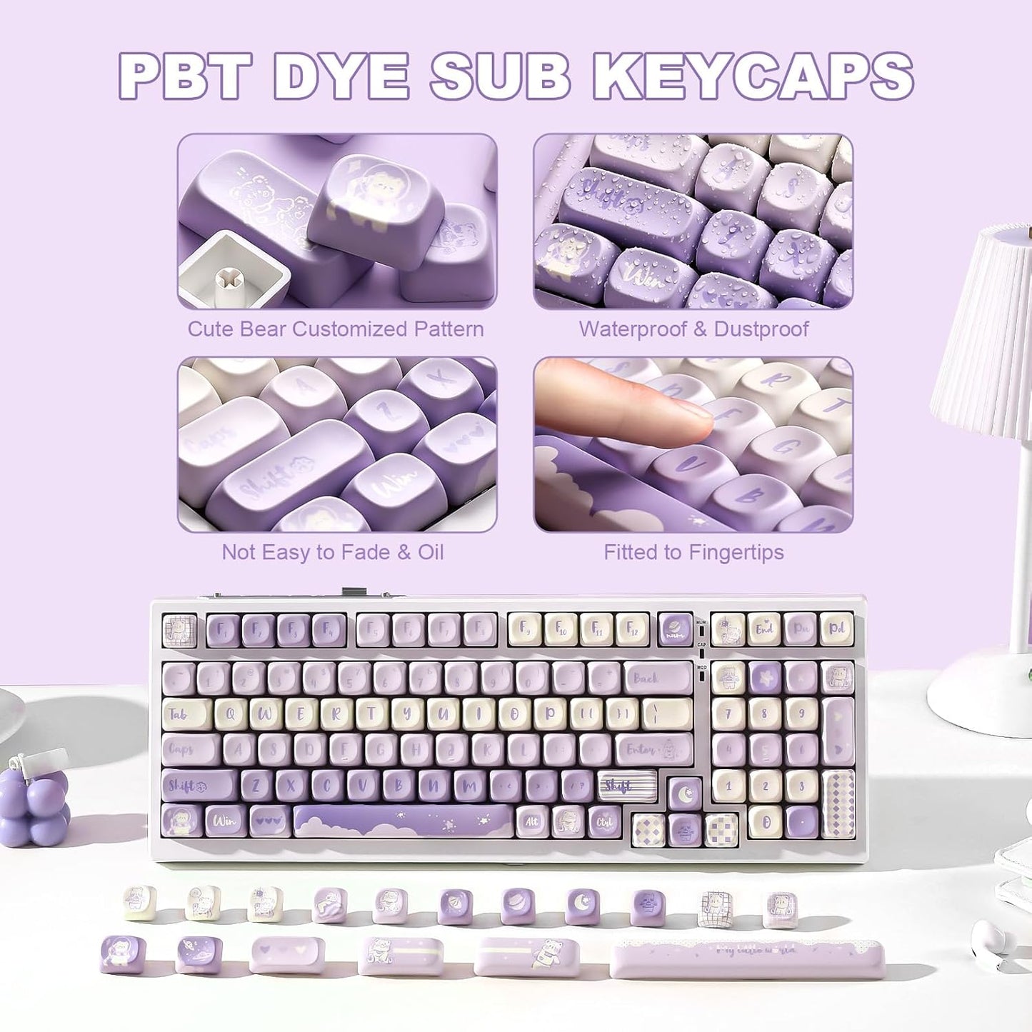YUNZII 132 Keys MOA Keycaps, Dye-Sublimation PBT Custom Keycap Set for MOA Profile, Cute Bear Customized Pattern Keycaps for MX Switches Mechanical Gaming Keyboard (Purple)