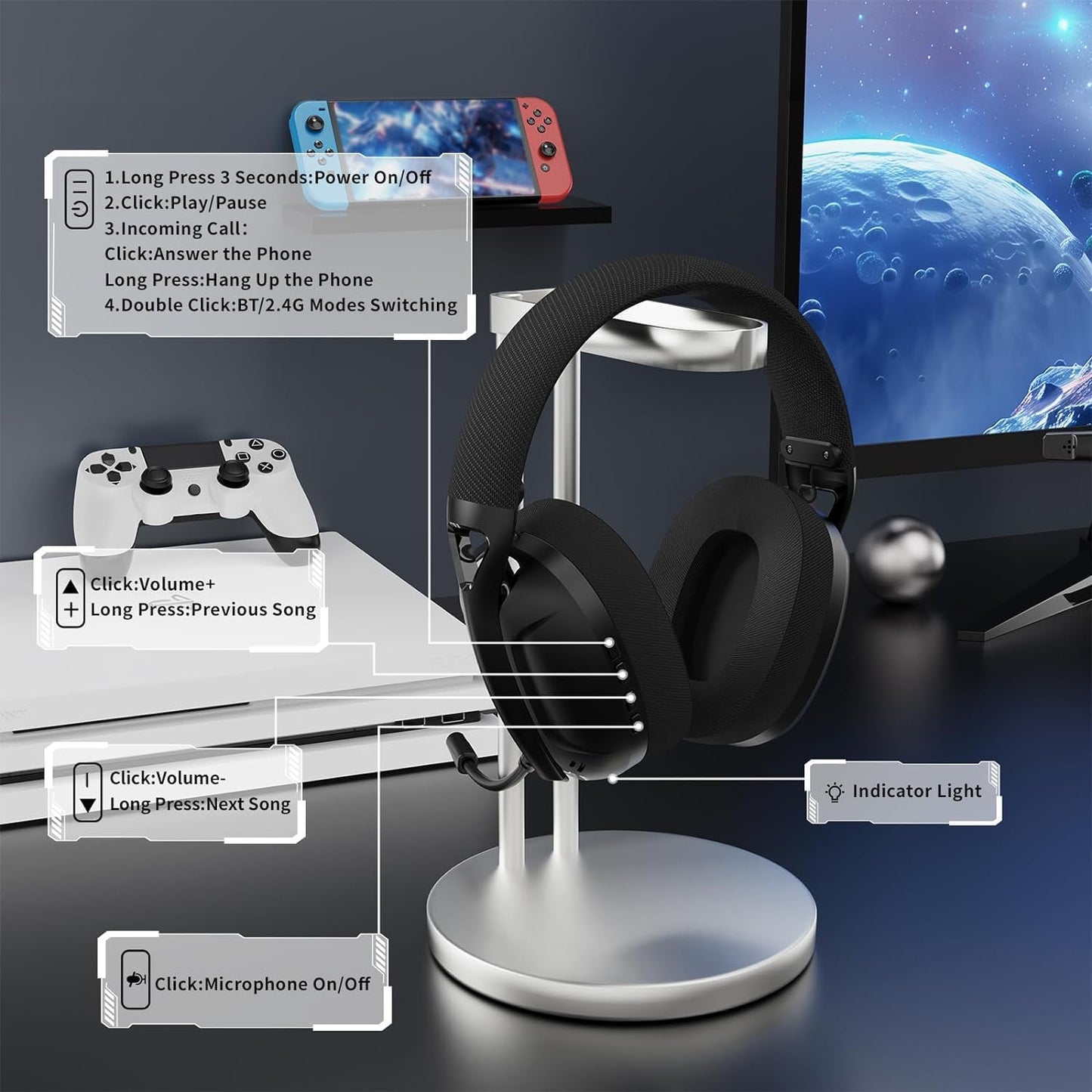 ZIYOU LANG L80 Wireless Gaming Headset Ultralight Over Ear with 2.4Ghz USB C&A Dongle/Bluetooth 5.3/3.5mm Wired Detachable Mic Stereo Sound 600mAh Battery for PC Mac PS4 PS5 Switch Win Gamer(White)