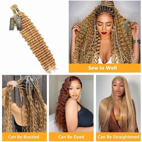 QTHAIR Brazilian Virgin Human Hair 16A Deep Wave Braiding Hair 1 Bundle 24 Inch Deep Wave Bulk Human Hair #27(Honey Blonde) Bundles for Braiding